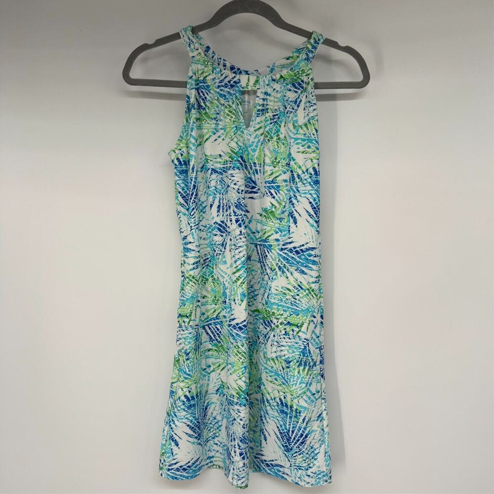 Southwind Charleston Dress Womens XS Blue Tropical Leaf Stretch USA Made A Line